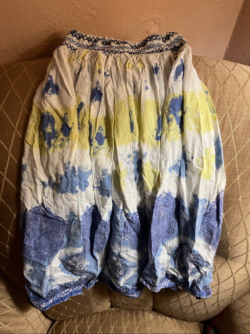 Justice White Floral Smocked Waist Skirt with Blue and Yellow Accents
